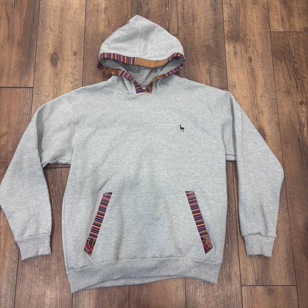 Illari Hoodie Mens Large Gray Andean Pattern Kangaroo Pocket Sweatshirt Cotton